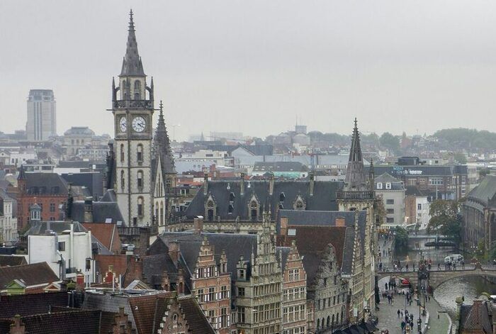 Discover the stunning medieval architecture in Ghent, Belgium with this captivating aerial cityscape.